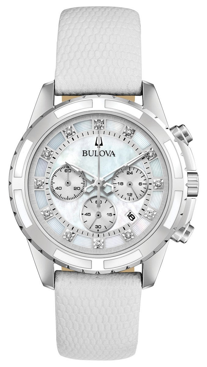 Bulova Diamond Leather Chronograph Ladies Watch - 96P193
