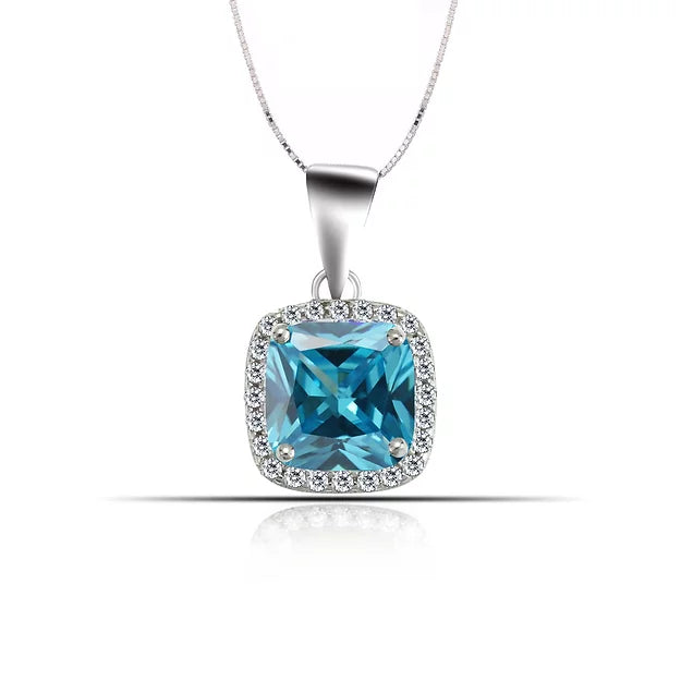 Silver  Cubic Zirconia Blue Topaz Pendant With Box Chain 18"