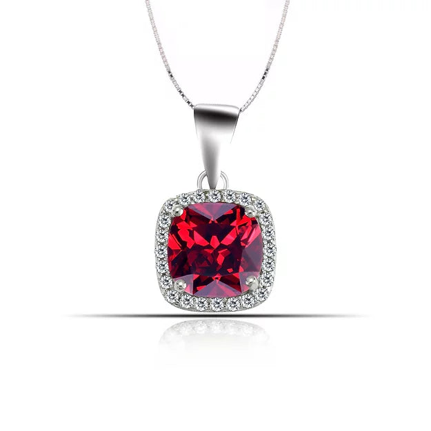 Silver  Cubic Zirconia Ruby  Pendant With Box Chain 18"