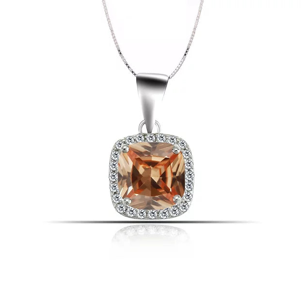 Silver  Cubic Zirconia GOLDEN TOPAZ  Pendant With Box Chain 18"