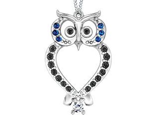 10k White Gold 0.116CT  black, white & blue diamond owl pendant w/ chain