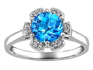 10K White Gold 0.06ct  Diamond Blue Topaz Ring