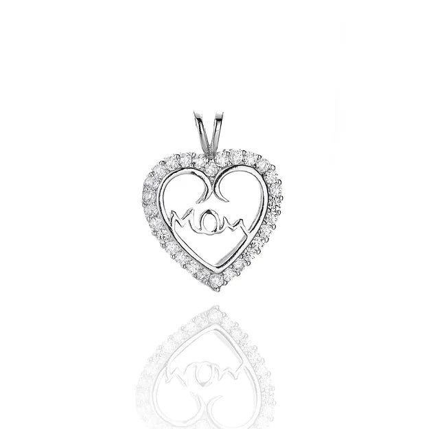 Silver  Cubic Zirconia  Mom  Pendant With  Box Chain  18"