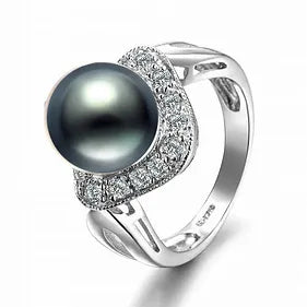 Silver Black Fresh water pearl & Cubic Zirconia ring