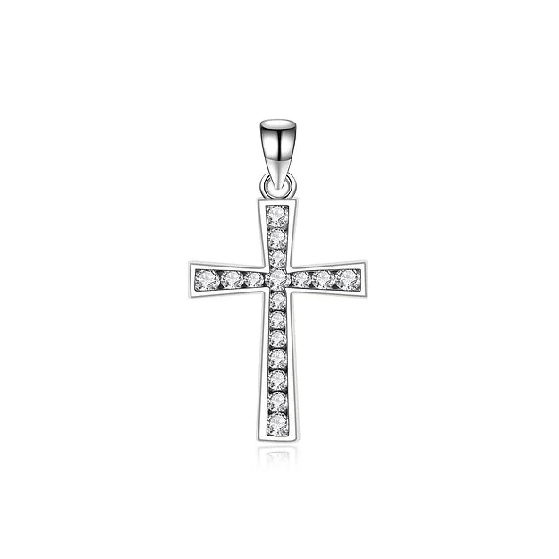 Silver  Cubic Zirconia  Cross  Pendant With Box Chain 18"