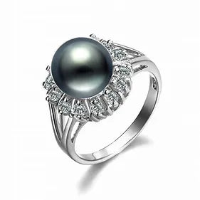 Silver Black Fresh water pearl & Cubic Zirconia ring