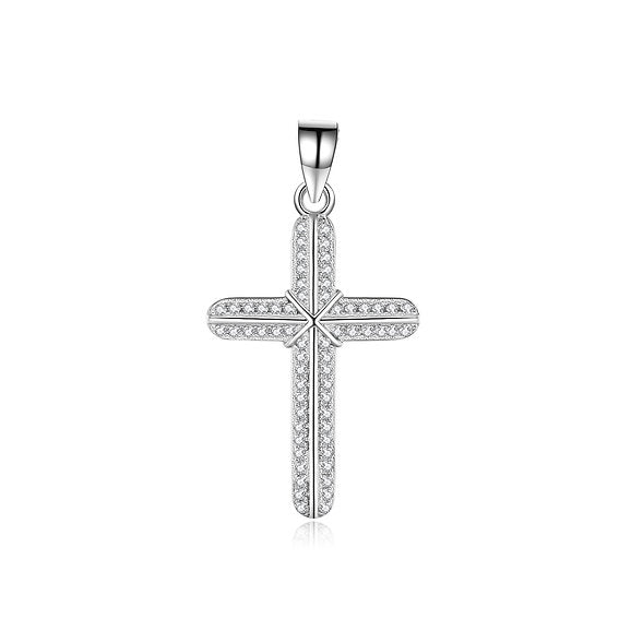 Silver  Cubic Zirconia  Cross  Pendant With  Box Chain  18"