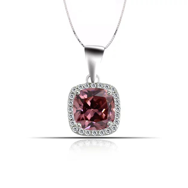 Silver  CZ Pink Topaz  Pendant With Box Chain 18"