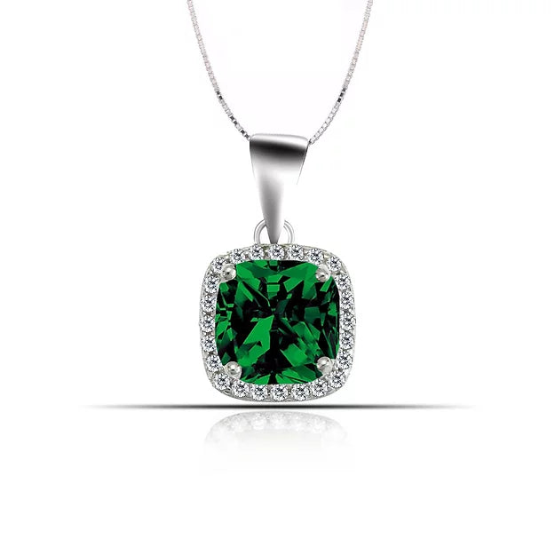 Silver  Cubic Zirconia Emerald Pendant With Box Chain 18"